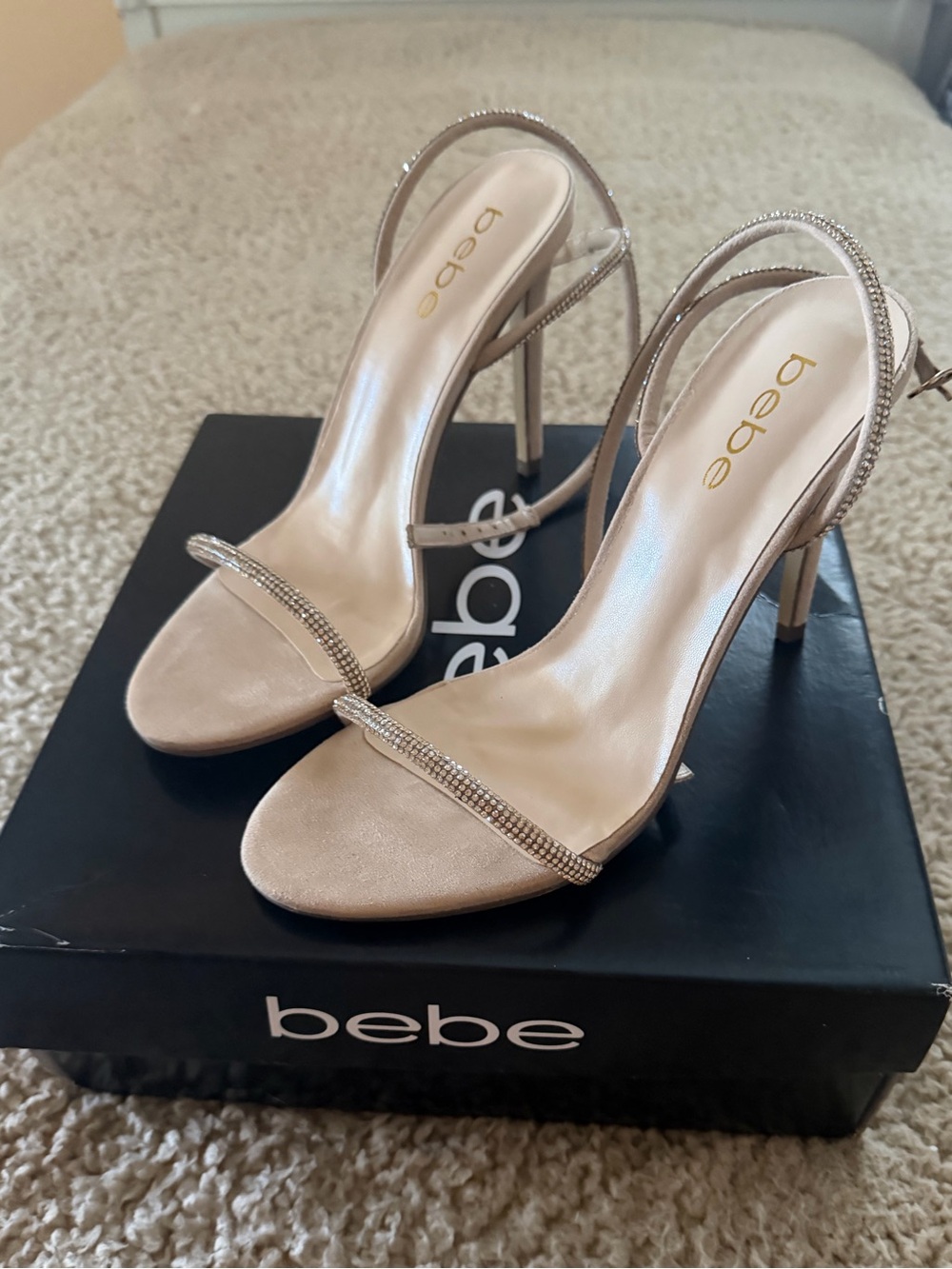 BEBE Rosalyn Rhinestone Stiletto Sandals – Nude, Size 8M